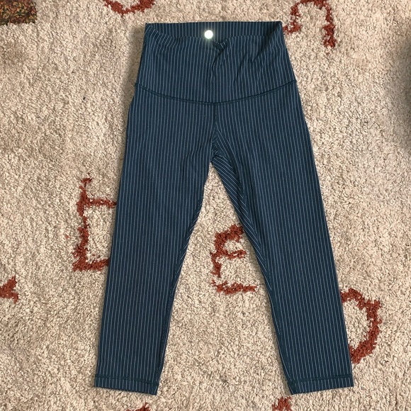 Lululemon- WunderUnder Crop II FoldOver- Conductor Pin Stripe- Sz 8- Blue & Pink - Picture 2 of 16